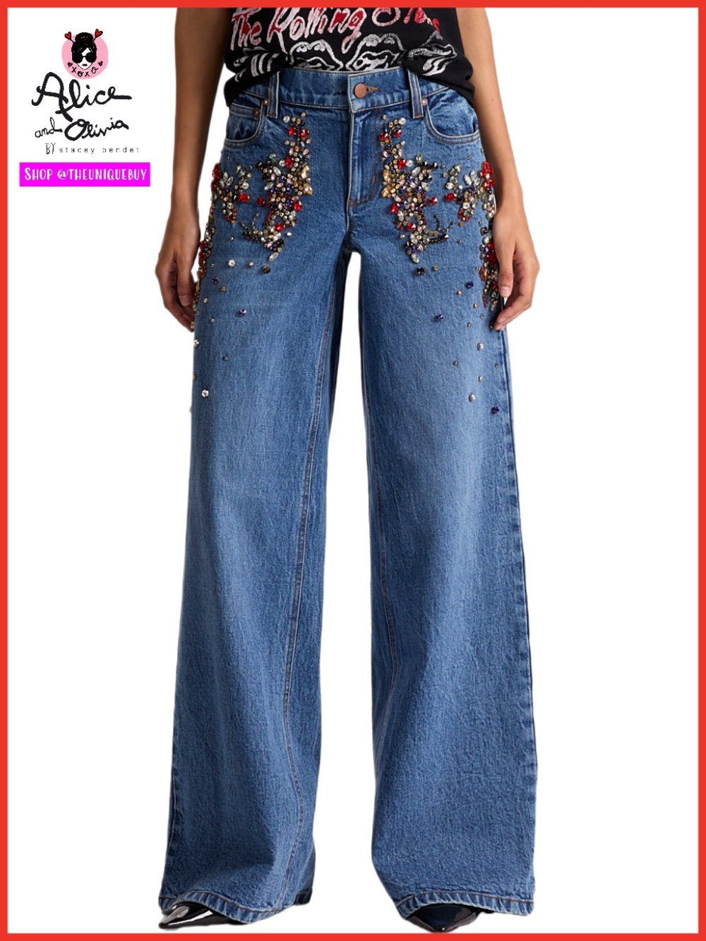 Alice + Olivia Amazing Crystal Embellished Wide Leg Jeans